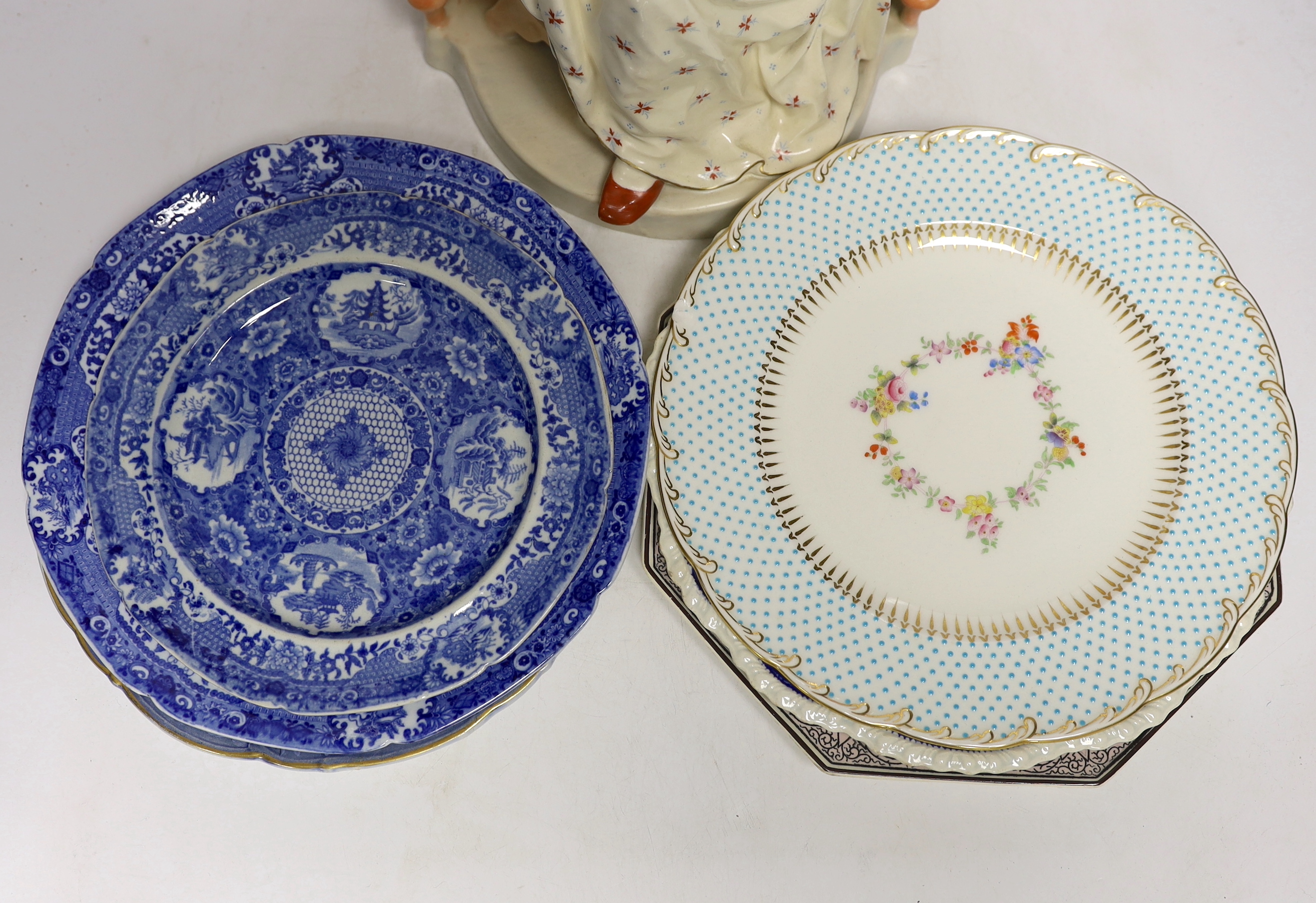A large French porcelain seated ‘mother and child’ group , a collection of 19th century blue and white pottery plates, a Mabel Lucy Attwell oval dish, a Herend pot, an Aynsley vase, etc.